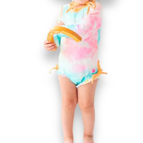 Ruffle Butts Rainbow Tie Dye One‎ Piece Swimsuit Rash Guard Girl 3T Long Sleeve - Picture 1 of 8